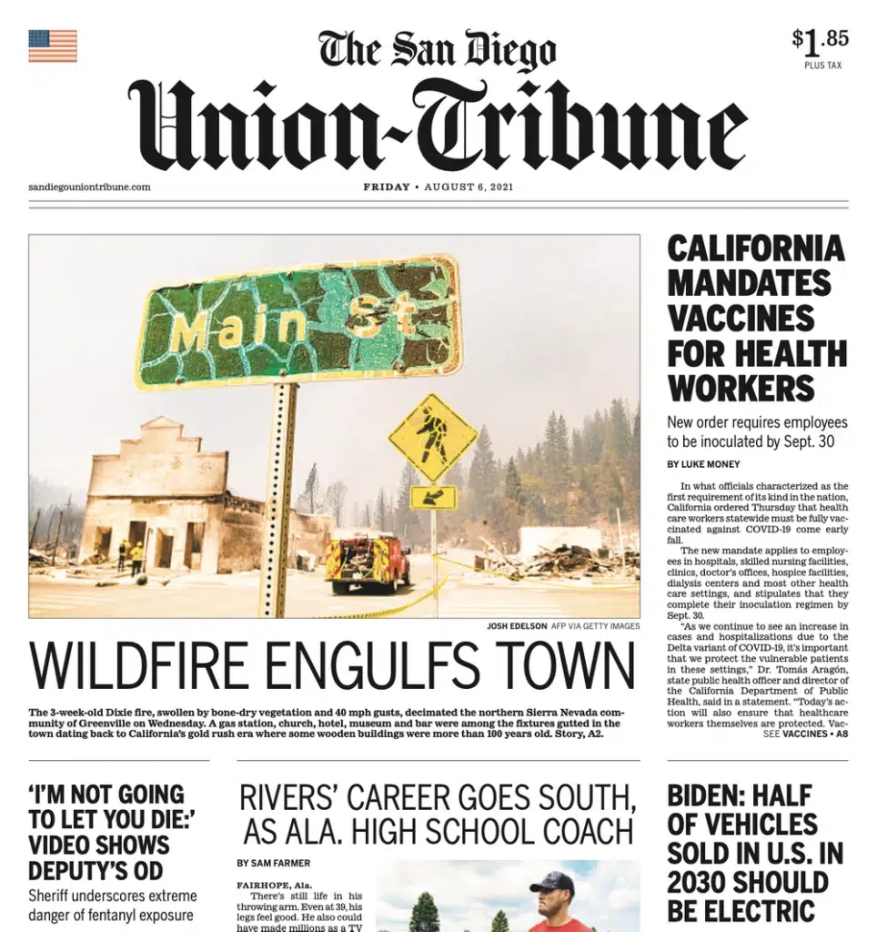 The San Diego Union-Tribune, firefighters confronting a California wildfire in a photograph by Josh Edelson