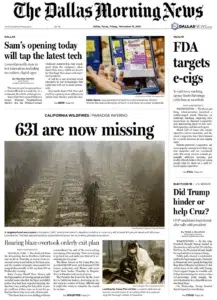 The Dallas Morning News — smoke and flames over a California neighborhood  — a Josh Edelson photograph