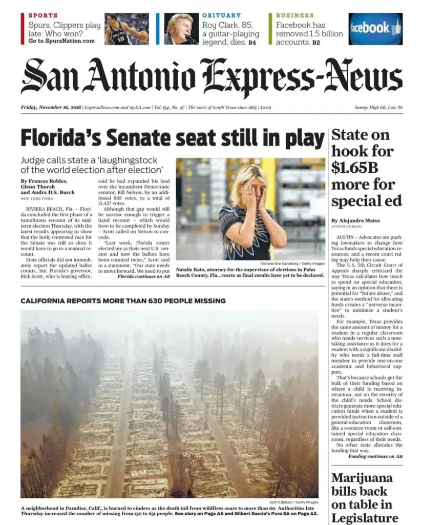 the San Antonio Express-News, a California wildfire burning after dark in a photograph by Josh Edelson