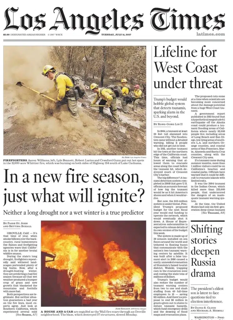 the Los Angeles Times, firefighters confronting a California wildfire, a Josh Edelson photograph