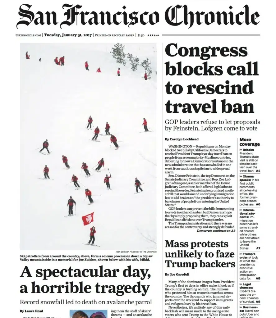 San Francisco Chronicle front page with a news photograph by Josh Edelson