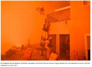 A California wildfire photographed by Josh Edelson (a wind-driven wildfire racing toward homes)