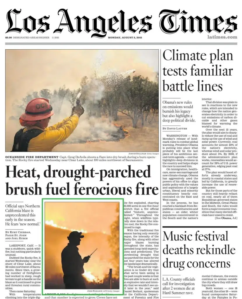 the Los Angeles Times, a wall of wildfire flames in a photograph by Josh Edelson