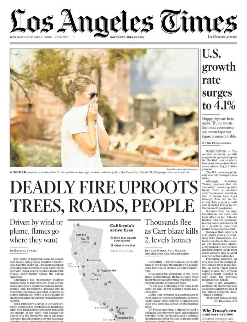 the Los Angeles Times, a California wildfire burning after dark, a Josh Edelson photograph