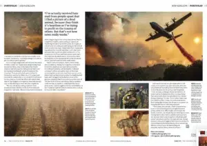 A California wildfire photographed by Josh Edelson (a hillside ablaze during a California wildfire)