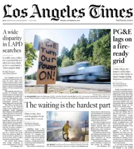 the Los Angeles Times — smoke and flames over a California neighborhood, captured by Josh Edelson