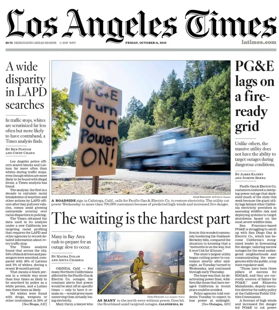 the Los Angeles Times, smoke and flames over a California neighborhood, captured by Josh Edelson