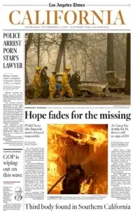 California magazine — embers filling the sky over a wildfire  — a Josh Edelson photograph
