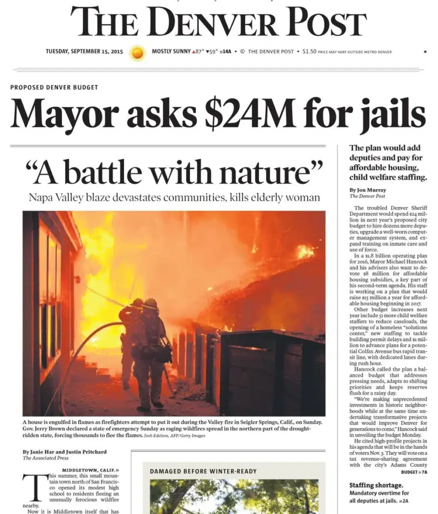 The Denver Post front page featuring a photograph by Josh Edelson