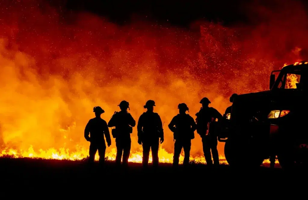 A fire crew makes a stand as flames tear through brush in Northern California. (Josh Edelson / AFP)