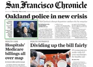 San Francisco Chronicle front page on the Oakland police crisis, with a photograph by Josh Edelson