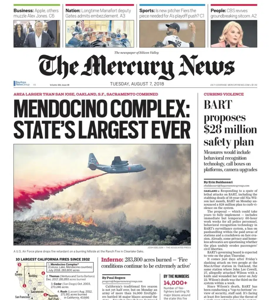 The Mercury News, flames sweeping across a California hillside, captured by Josh Edelson