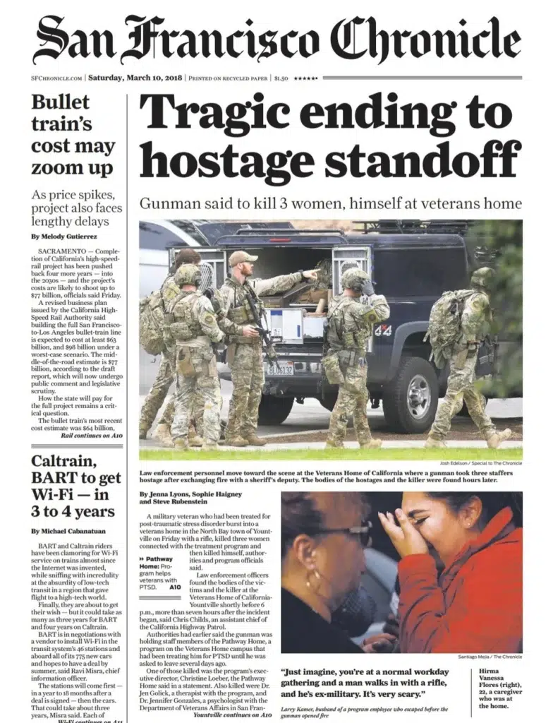 San Francisco Chronicle front page on a hostage standoff, with a photograph by Josh Edelson