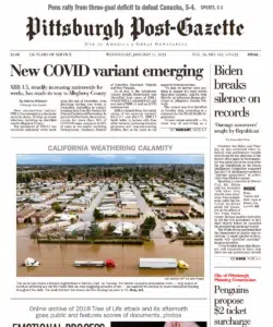 the Pittsburgh Post-Gazette — a wind-driven wildfire racing toward homes in a photograph by Josh Edelson