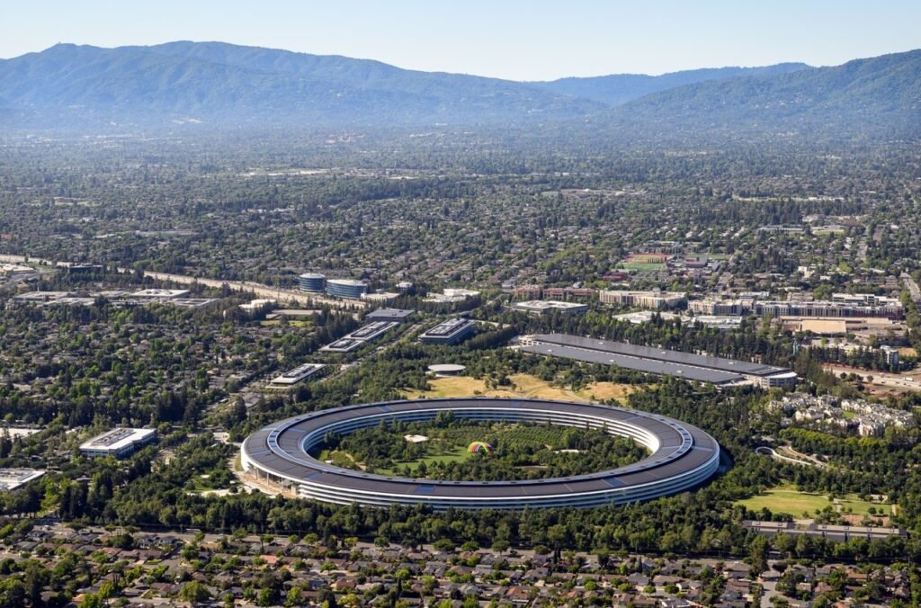 Apple Park ring campus in Cupertino photographed from a fixed-wing aircraft by Silicon Valley aerial photographer Josh Edelson