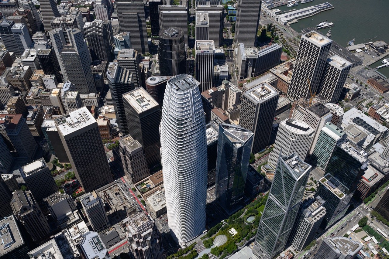 Salesforce Tower and the San Francisco Financial District skyline from above. Photo by Josh Edelson.