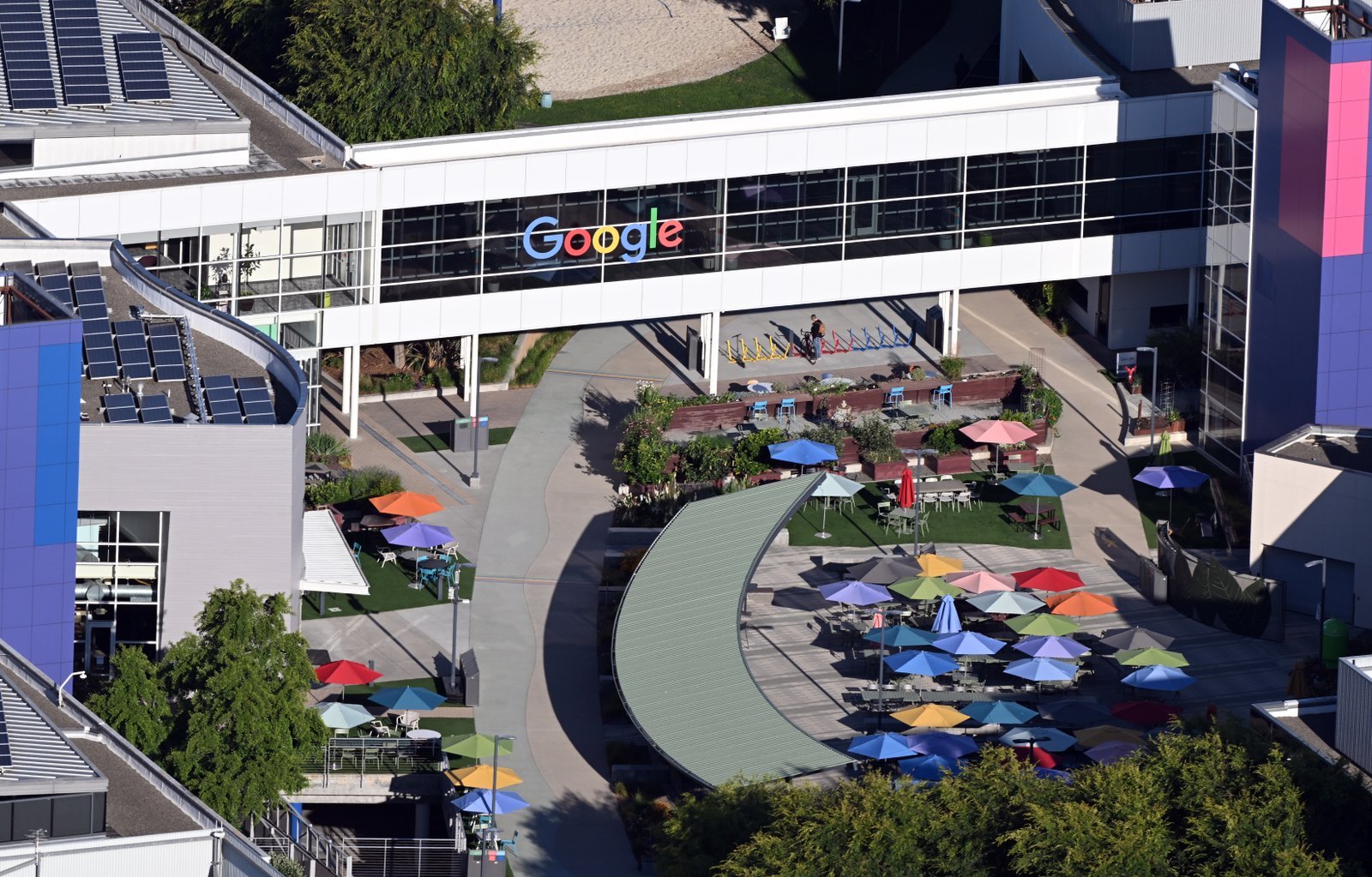 Aerial view of Google's headquarters in Mountain View, California, photographed during Google I/O 2026. Photo by Josh Edelson.