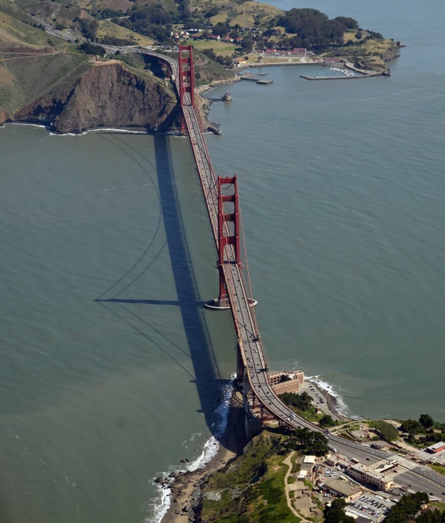 Aerial view of the Golden Gate Bridge from over the San Francisco Bay, looking toward Marin — aerial photographer Josh Edelson