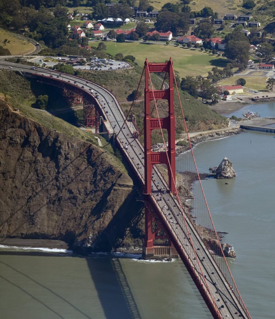 Vertical aerial photograph of the Golden Gate Bridge from the Marin Headlands side — fixed-wing aerial photography by Josh Edelson