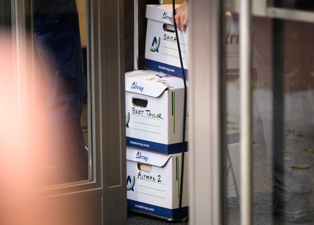 Boxes of legal materials brought into Oakland federal court for the Elon Musk vs. OpenAI trial — photo by Josh Edelson/AFP