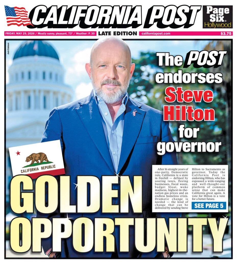 Front-page cover of the New York Post California edition featuring Josh Edelson’s portrait of Steve Hilton