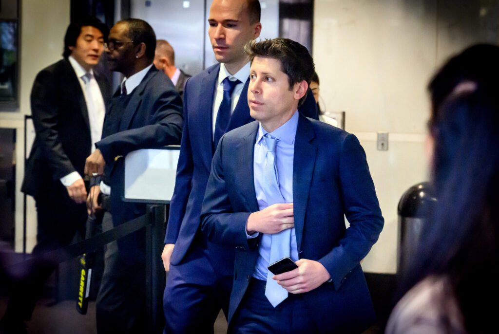 OpenAI CEO Sam Altman and Greg Brockman arrive at federal court in Oakland for the Musk vs. OpenAI trial — photo by Josh Edelson/AFP