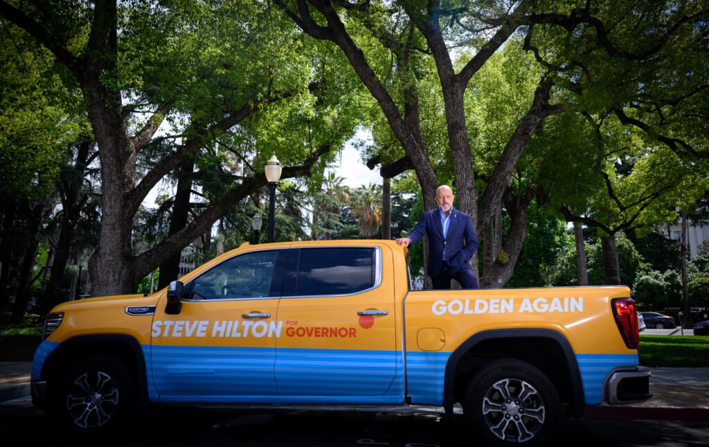 Steve Hilton with his Golden Again campaign truck near the California State Capitol