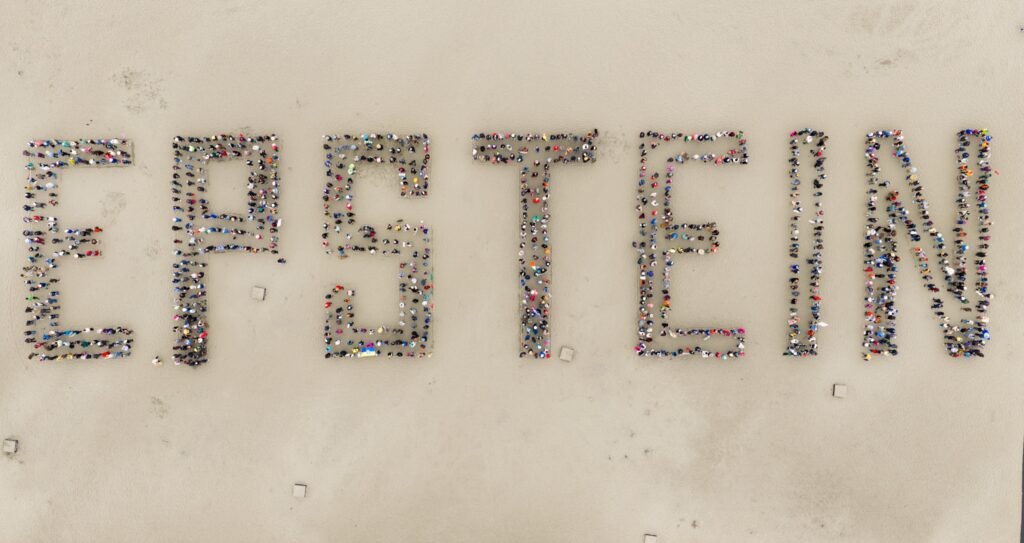 Overhead aerial drone photograph of a crowd forming the word EPSTEIN with their bodies on the sand at Ocean Beach, San Francisco