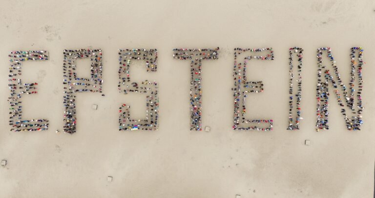 Overhead aerial drone photograph of a crowd forming the word EPSTEIN with their bodies on the sand at Ocean Beach, San Francisco