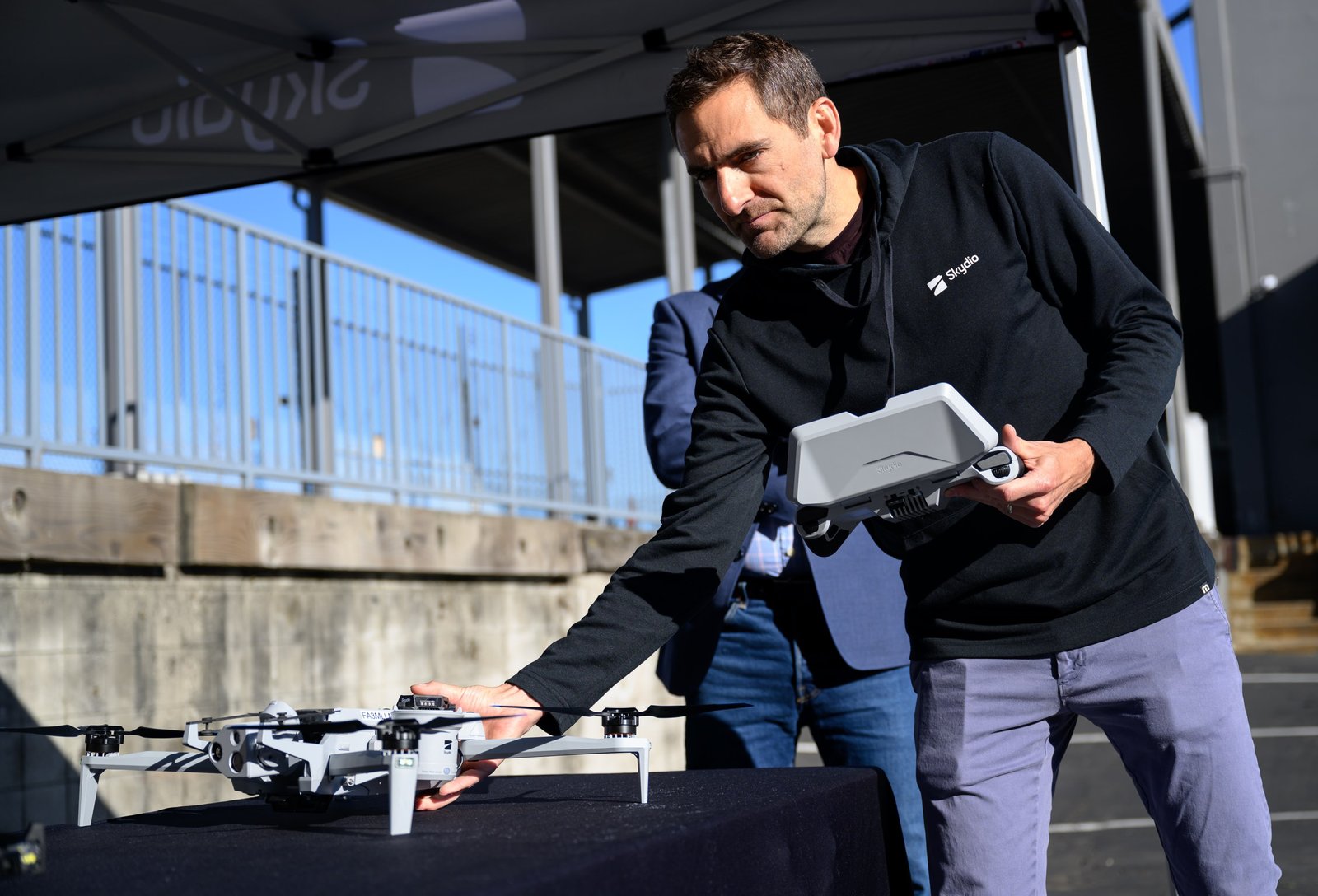 A Skydio drone on the factory floor during U.S. Trade Representative Jamieson Greer’s tour of the Hayward, California manufacturing facility, photographed by Josh Edelson for AFP