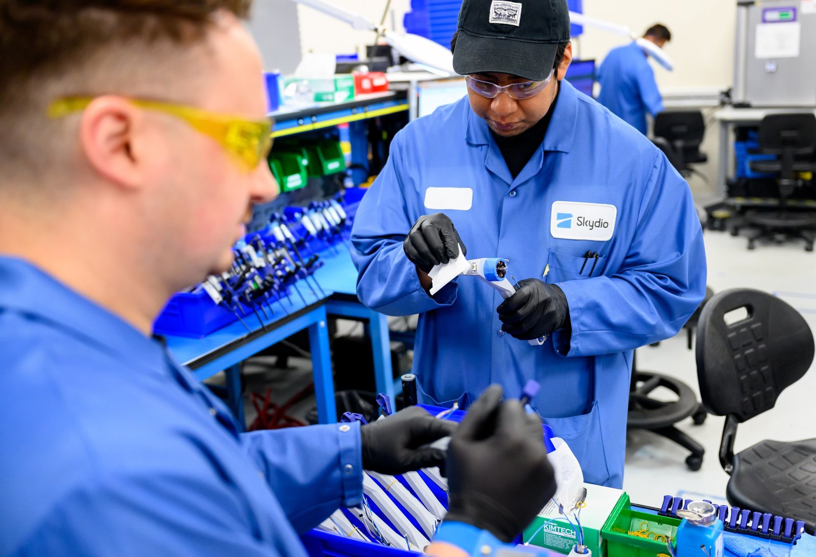 Technicians assemble Skydio drones on the production line at the company’s manufacturing facility in Hayward, California, photographed by Josh Edelson for AFP