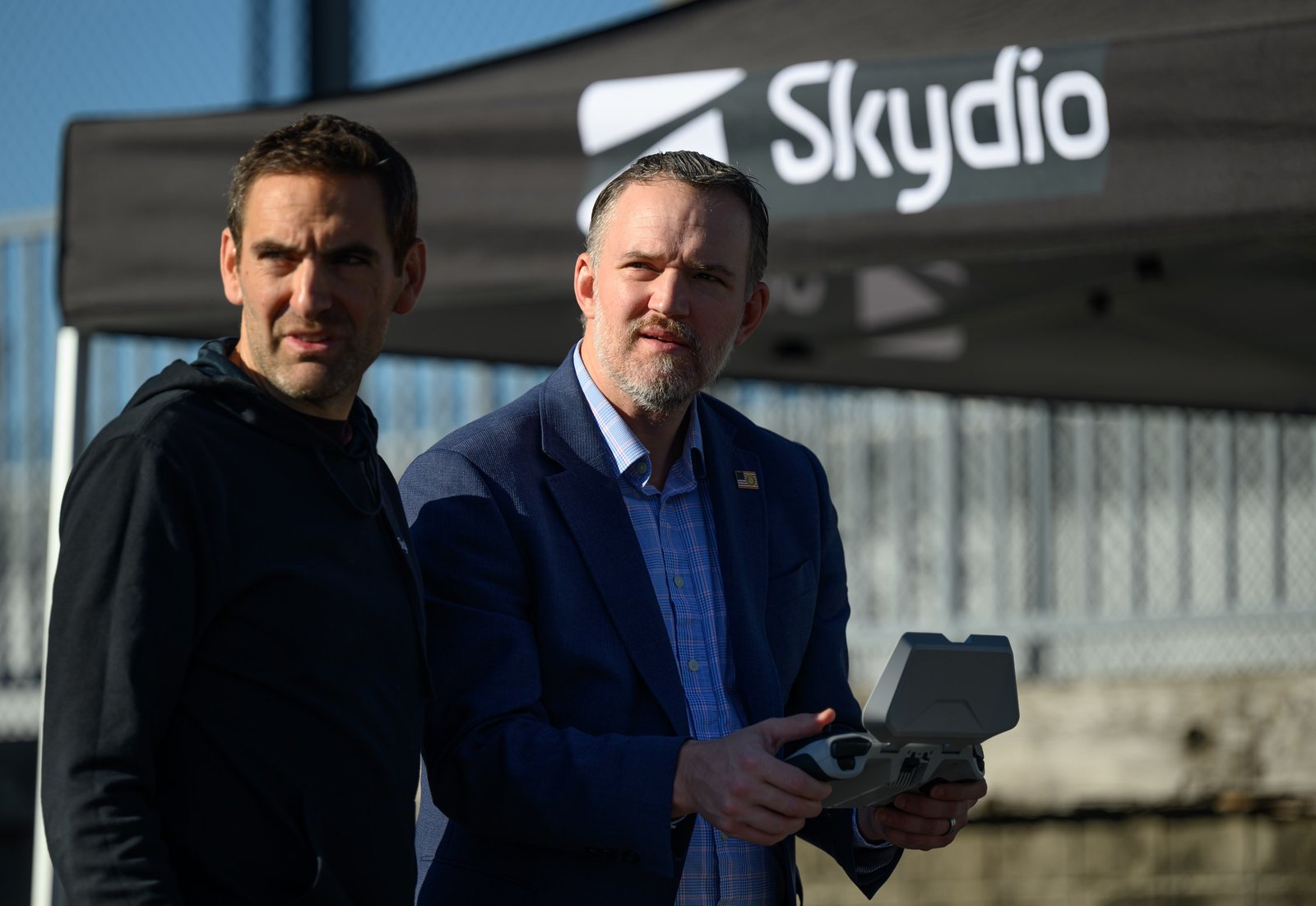 U.S. Trade Representative Jamieson Greer and Skydio CEO Adam Bry at Skydio’s drone manufacturing facility in Hayward, California, photographed by Josh Edelson for AFP