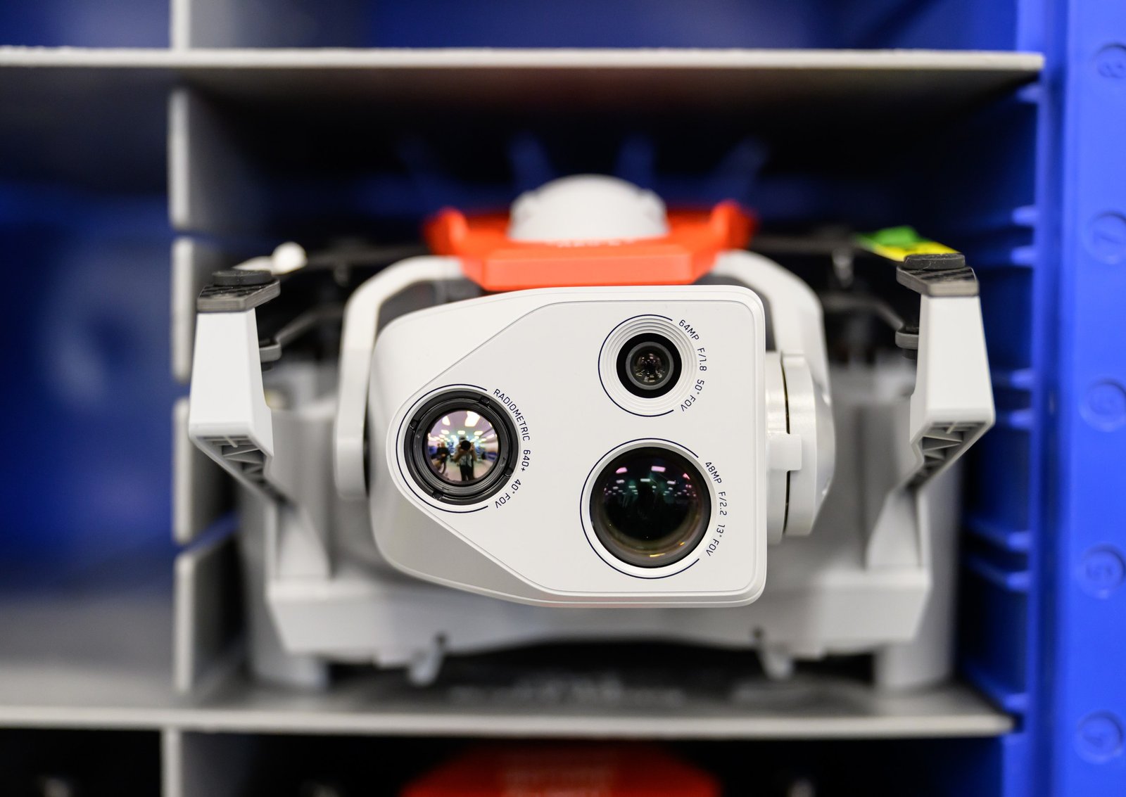 Close-up of a Skydio X10 drone and its camera at the company’s manufacturing facility in Hayward, California, photographed by Josh Edelson for AFP
