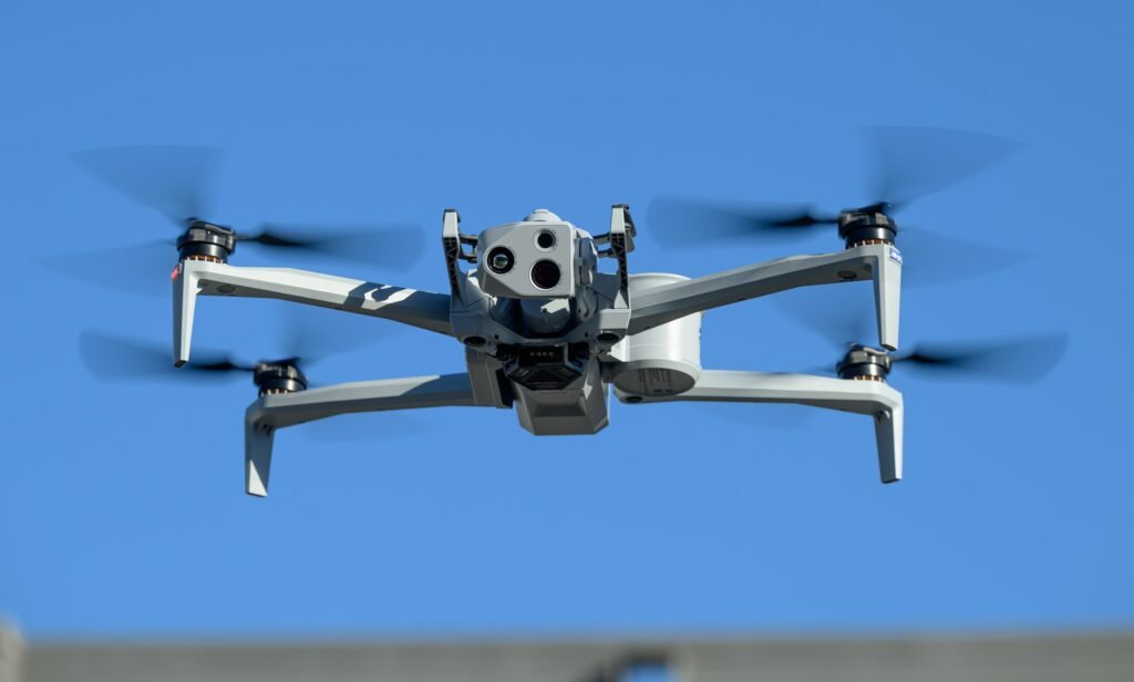 A Skydio X10 drone in flight at the company’s drone manufacturing facility in Hayward, California, photographed by Josh Edelson for AFP
