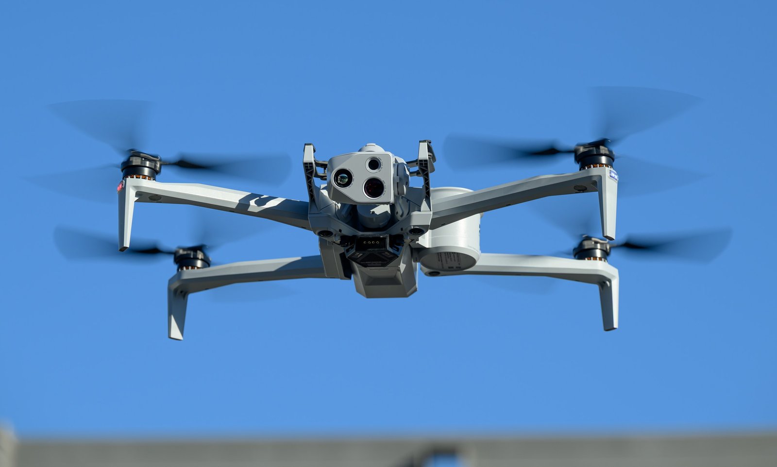 A Skydio X10 drone in flight at the company’s drone manufacturing facility in Hayward, California, photographed by Josh Edelson for AFP