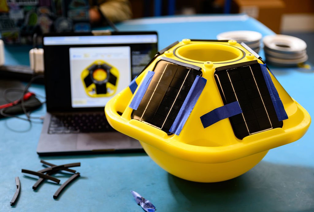 A Sofar Spotter Buoy on the engineering bench at Sofar Ocean Technologies' San Francisco workshop