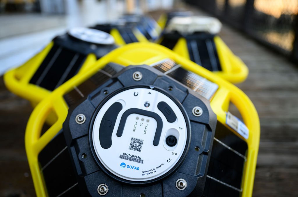 Detail view of Sofar Spotter Buoy ocean sensors at the dock