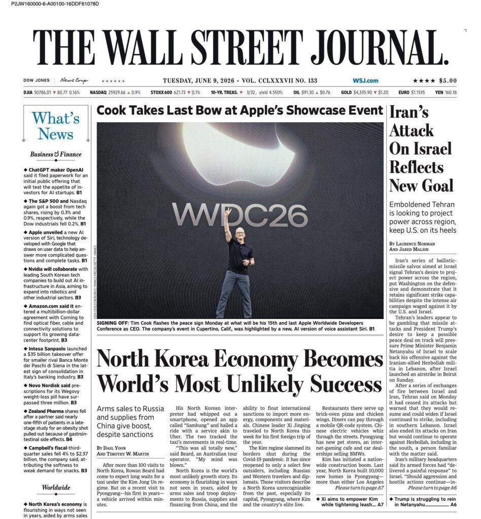 Josh Edelson photo of Tim Cook on the front page of The Wall Street Journal, June 9 2026