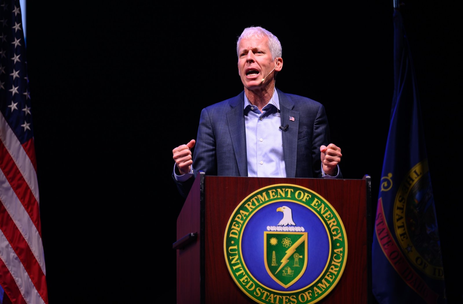 US Secretary of Energy Chris Wright speaks about nuclear energy on stage in Idaho Falls