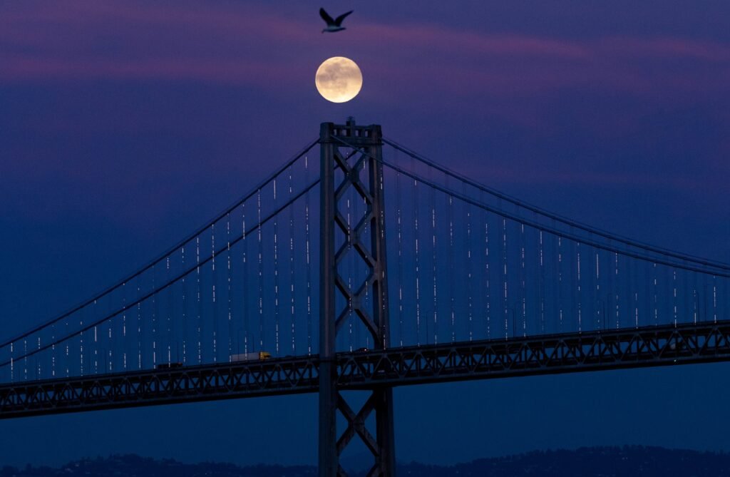 A full moon rising over the San Francisco-Oakland Bay Bridge, by Josh Edelson