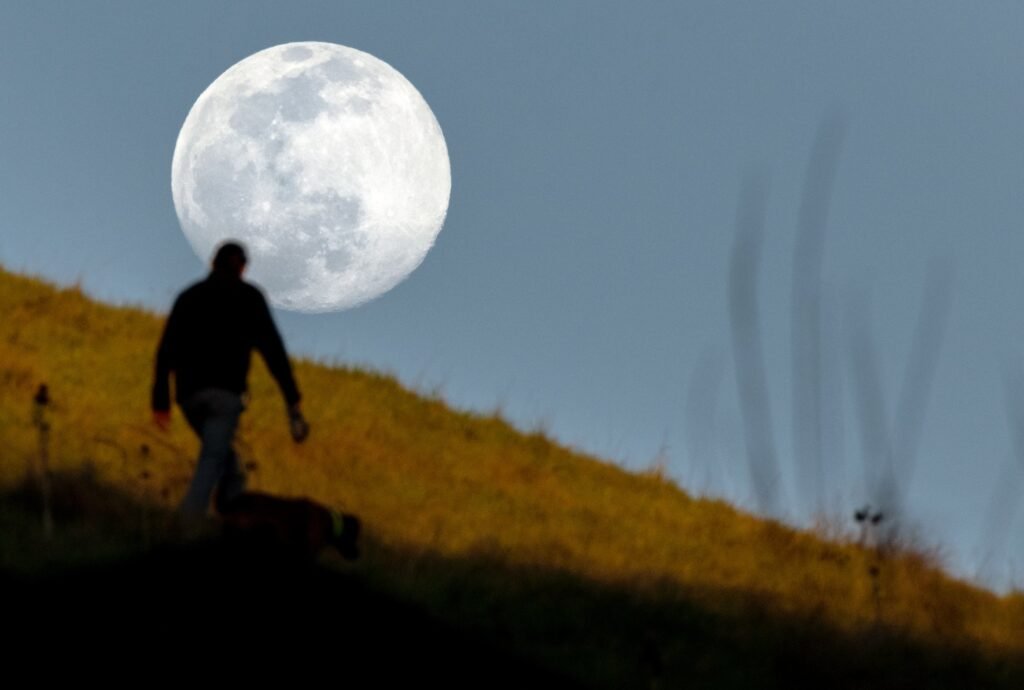 A person silhouetted on a hillside against a rising full moon, by Josh Edelson