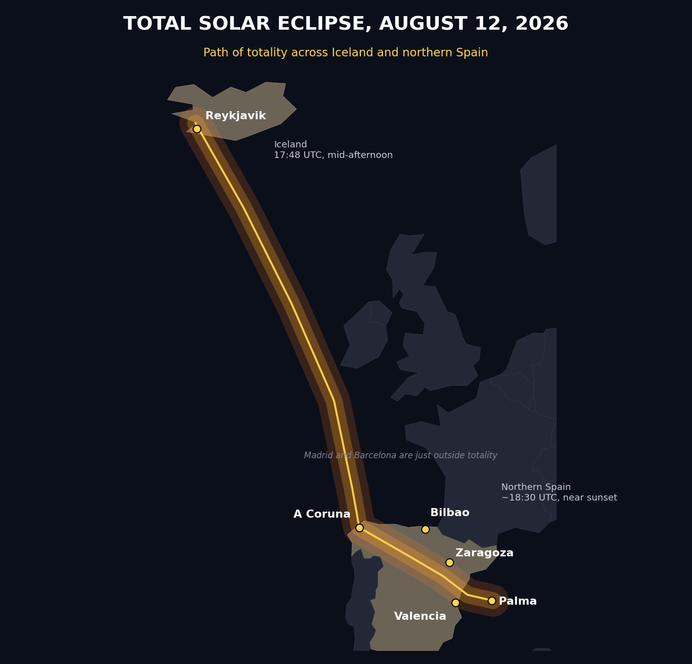 Map of the total solar eclipse of August 12 2026 path of totality across Greenland, Iceland, and northern Spain