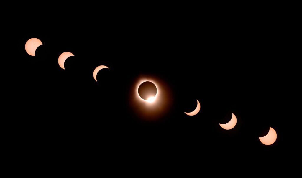 A diagonal composite of a total solar eclipse from partial phases through the diamond ring, by Josh Edelson