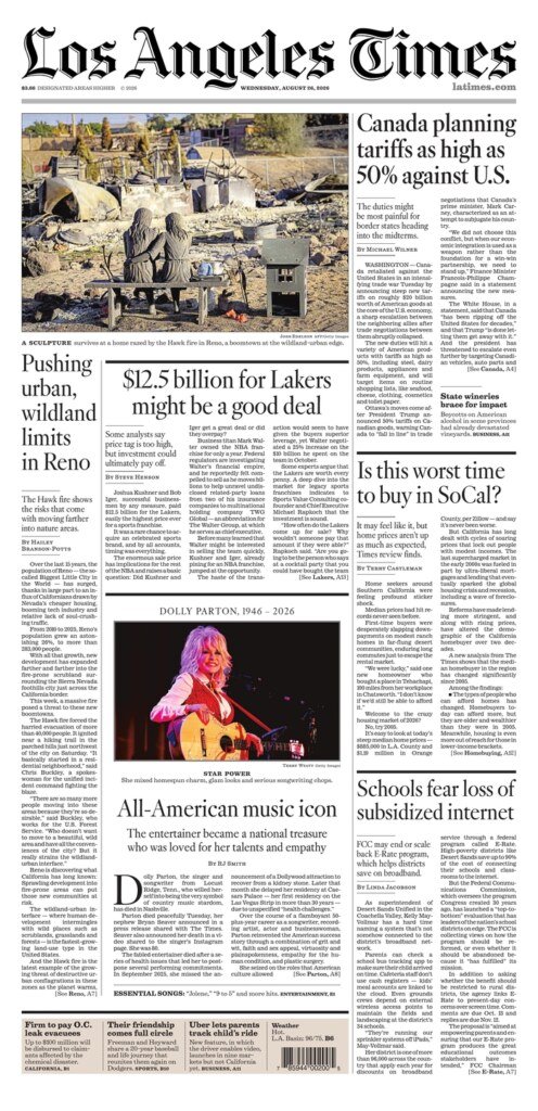Front page of the Los Angeles Times, August 26, 2026, led by a Hawk Fire photograph by Josh Edelson