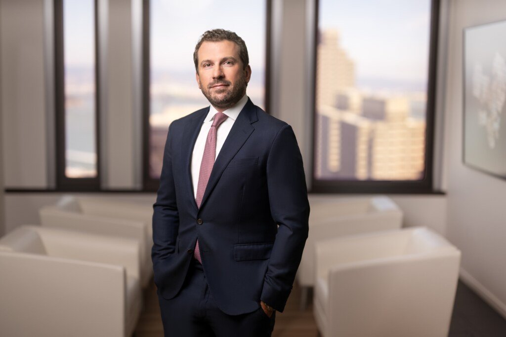 Law firm partner environmental portrait, corporate office with city views, San Francisco