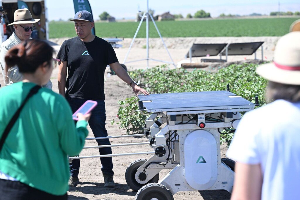 Aigen agricultural robot demonstrated in a Salinas Valley field, ag tech event photography by Josh Edelson