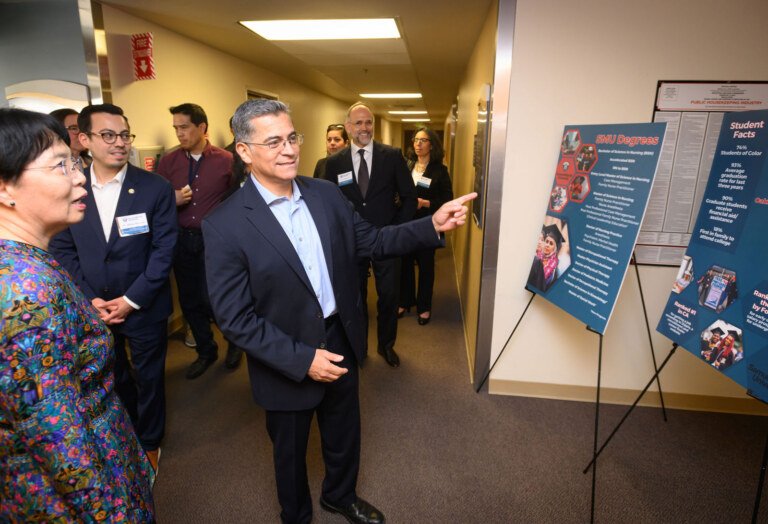 Xavier Becerra, then U.S. Secretary of Health and Human Services, visits the simulation center at Samuel Merritt University in Oakland, photographed by Josh Edelson