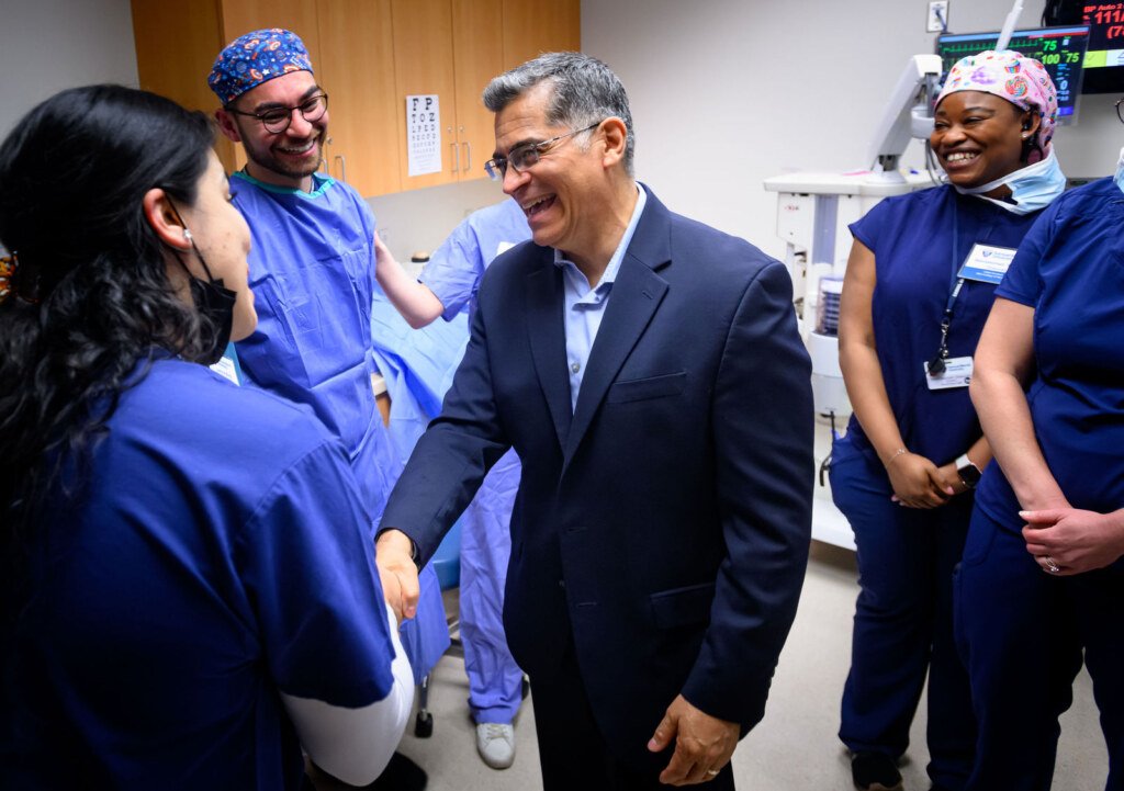 Xavier Becerra, then U.S. Secretary of Health and Human Services, visits the simulation center at Samuel Merritt University in Oakland, photographed by Josh Edelson